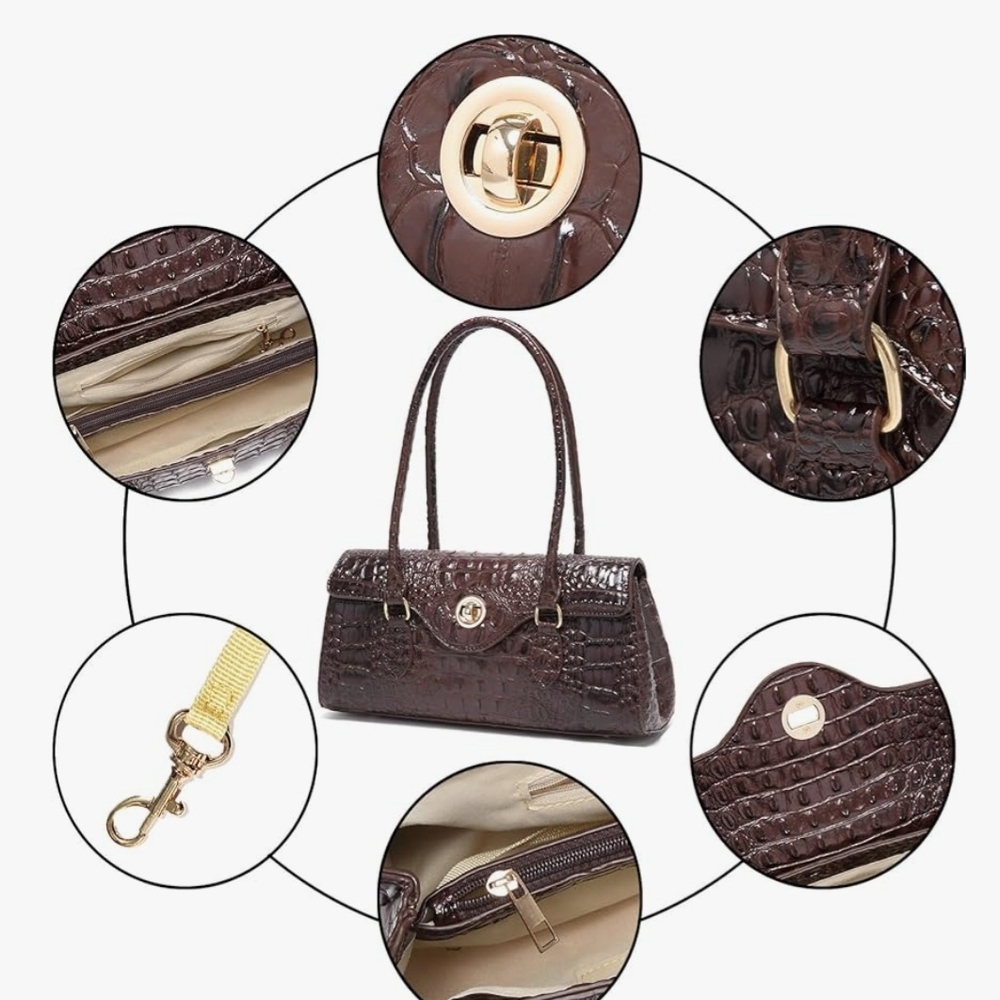 Dark Brown Crocodile Textured Shoulder Bag with Structured Design - Picture 7 of 7
